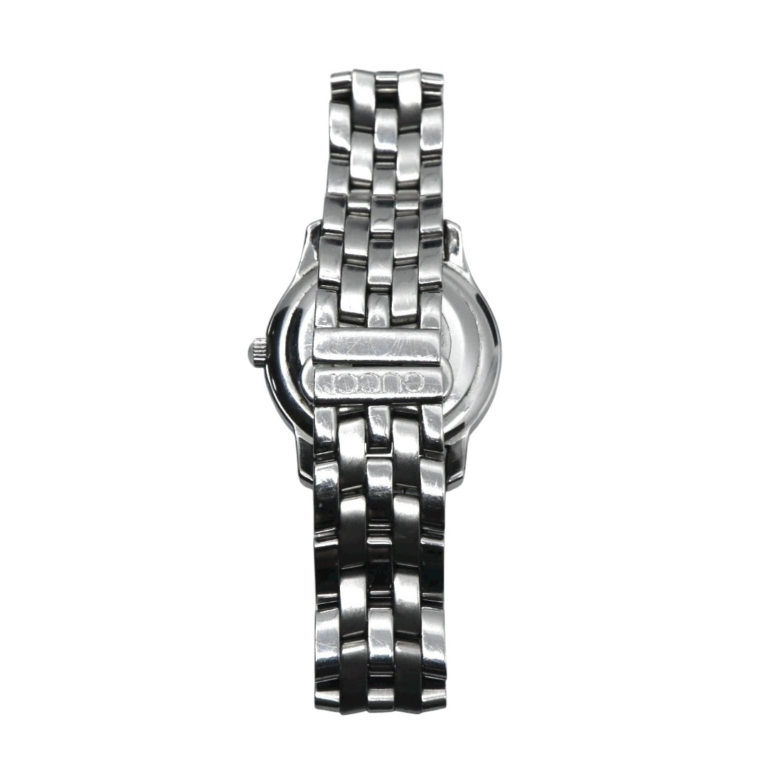 GUCCI グッチ 5500L レディース腕時計 ブラック文字盤 ローマンインデックス デイト ステンレススチール クォーツ スイス製 リンクブレス G11