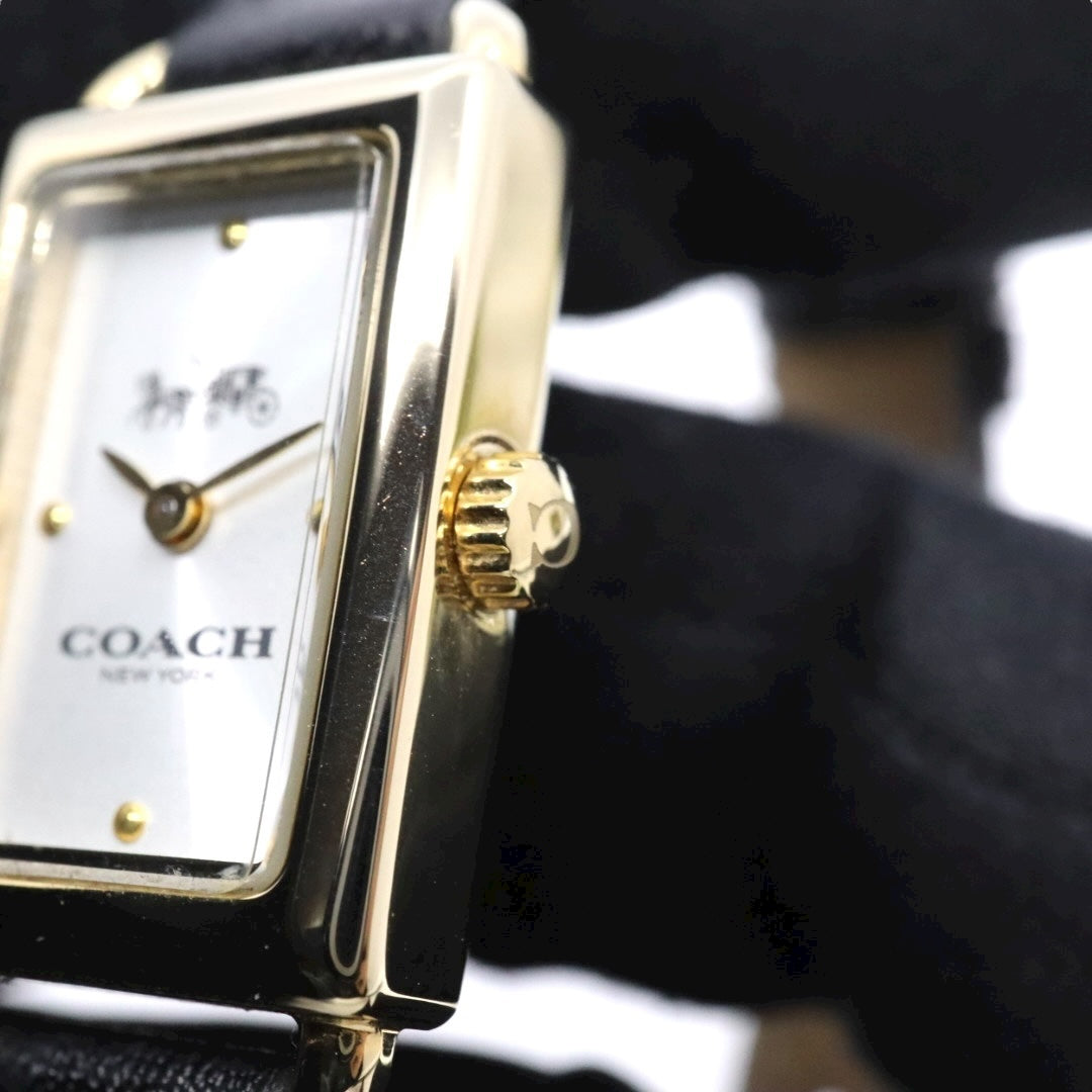 【美品】コーチ COACH 腕時計 レディース Cadie キャディ ゴールド シルバー ブラック レザー レクタンギュラー スクエア CA.144.7.34.3634 クォーツ アナログ 2針 シンプル クラシック エレガント 上品 アールデコ調 G11