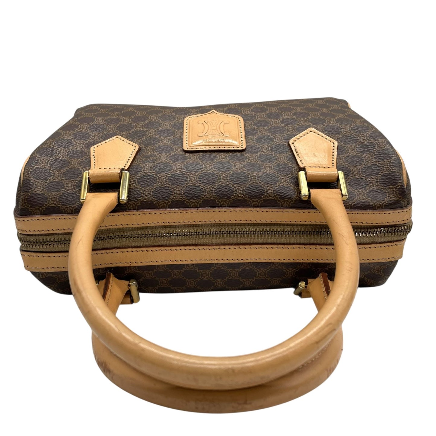 Authentic CELINE Trionf Monogram 2WAY Handbag Mini Boston Bag Shoulder Bag Leather Brown Gold Hardware Zipper Crossbody Women's