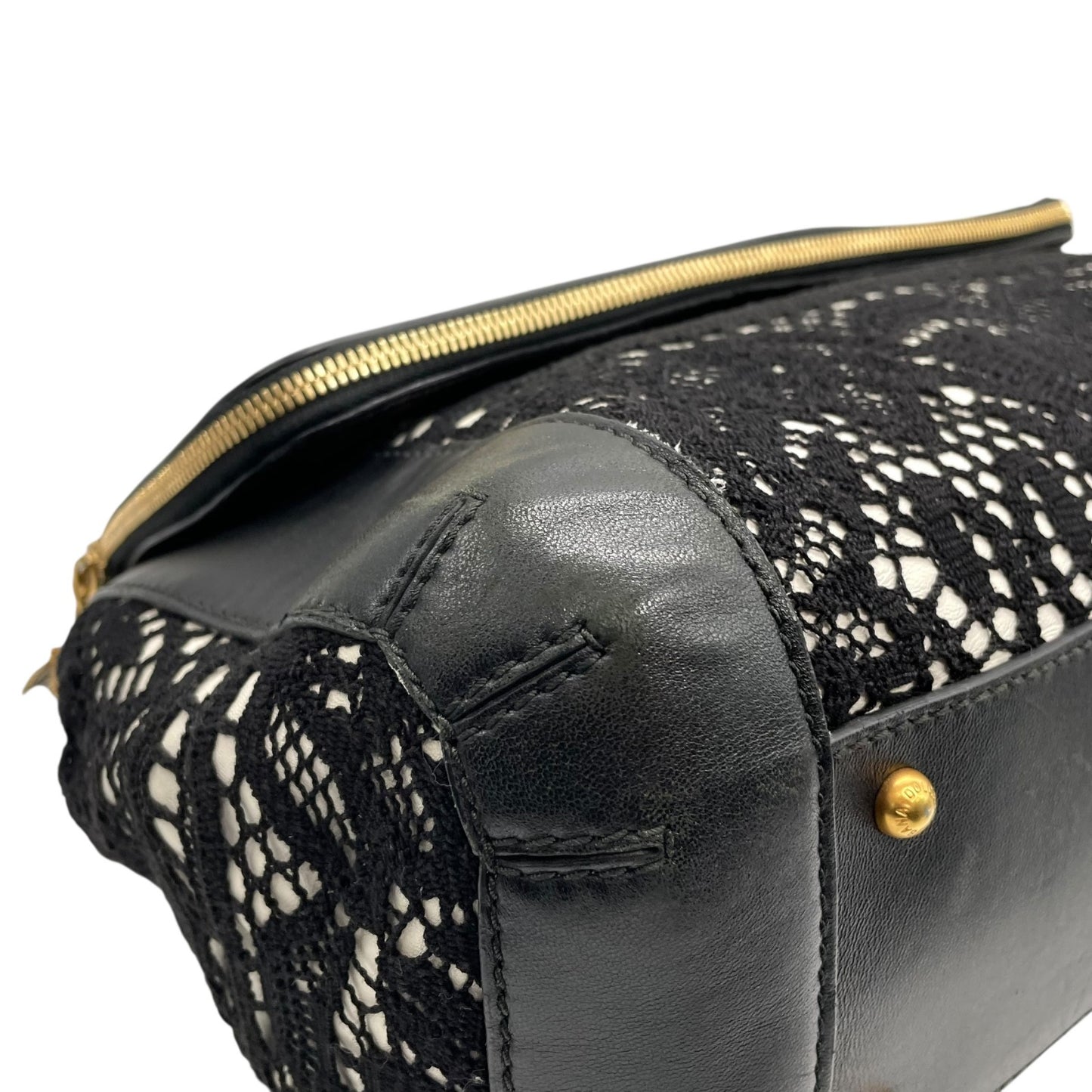 Authentic DOLCE&GABBANA Sicily Heritage 2WAY Handbag Tote Shoulder Bag Black White Ivory Lace Leather Gold Hardware Women's