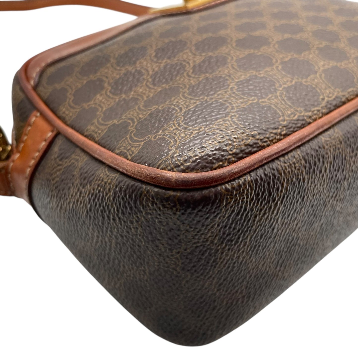 Authentic CELINE Vintage Macadam Shoulder Bag Trionf Camera Bag Brown PVC Leather Gold Hardware Women's Adjustable Strap Crossbody