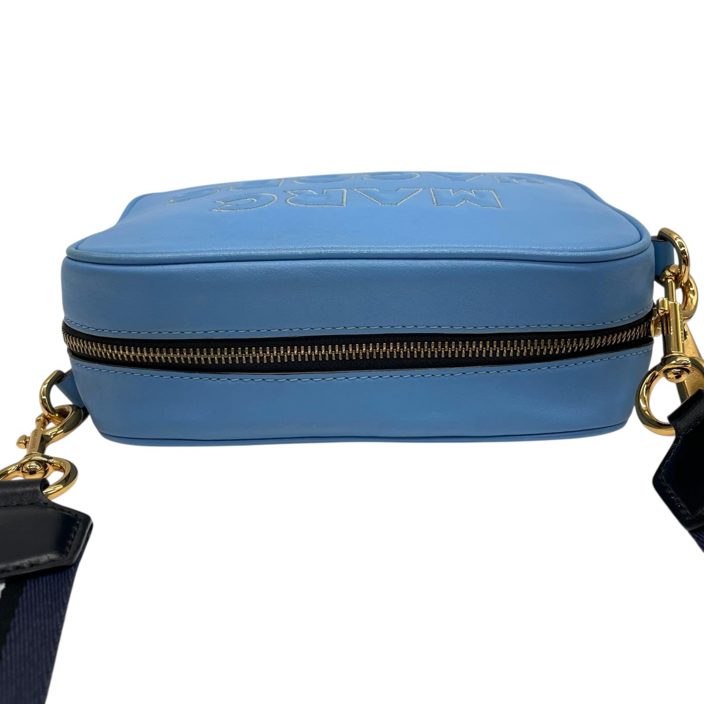 Authentic MARC JACOBS Flash Leather Crossbody Camera Bag Blue Leather Gold Hardware Women's Logo