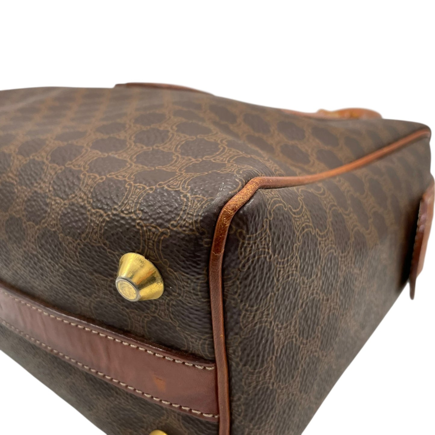 Authentic CELINE Vintage Macadam Handbag Brown PVC Leather Gold Hardware Logo Women's