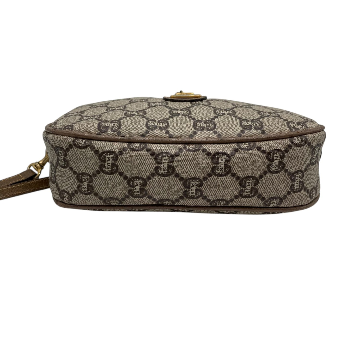 美品 GUCCI オールドグッチ GGプラス ショルダーバッグ PVC レザー グレー ブラウン ゴールド金具 ロゴ 斜め掛け可 カメラバッグ GGスプリーム ヴィンテージ レディース C3