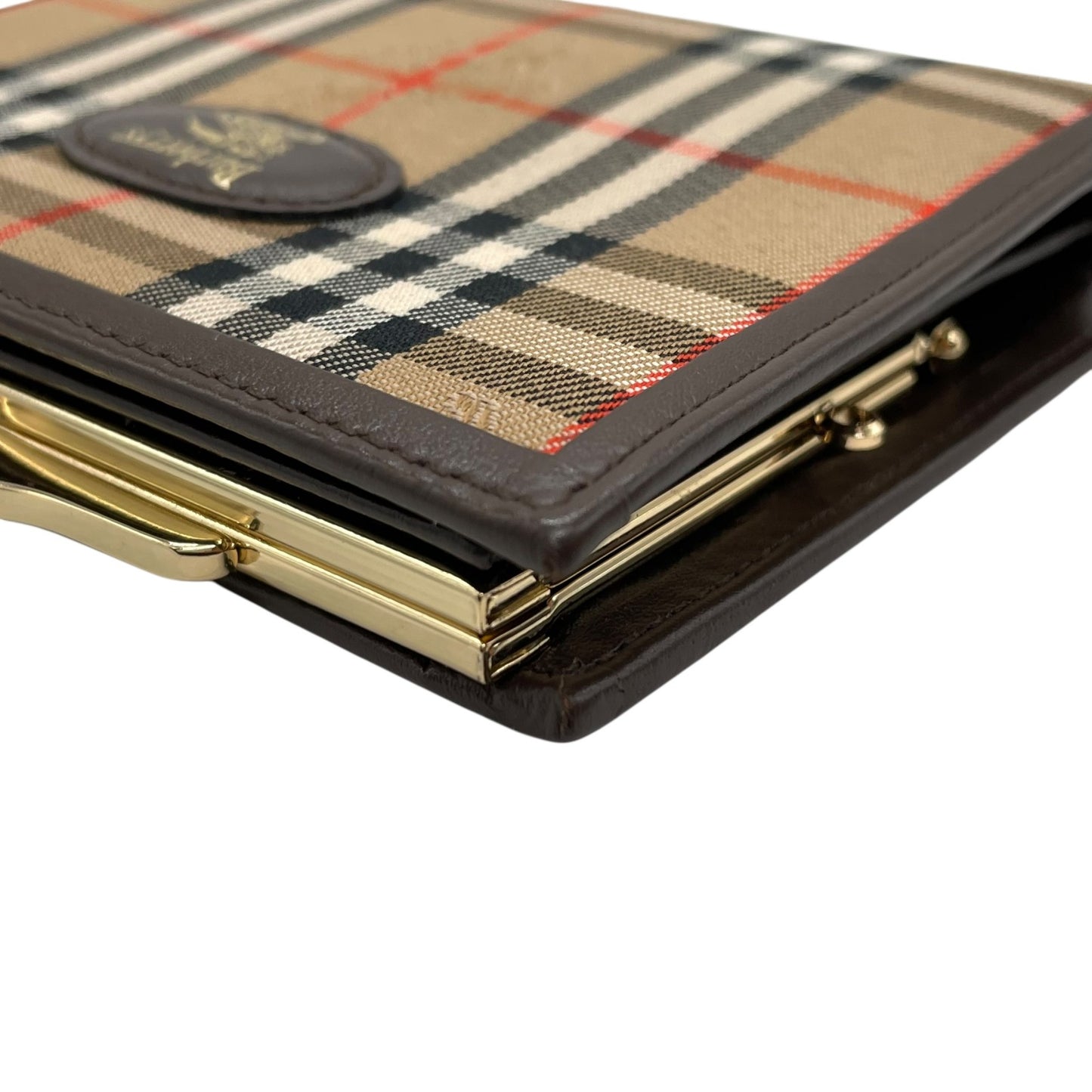 未使用級 Burberry バーバリー ノバチェック シャドーホース 二つ折り財布 がま口 ブラウン ベージュ キャンバス レザー ゴールド金具 ホースロゴ レディース ヴィンテージ M5