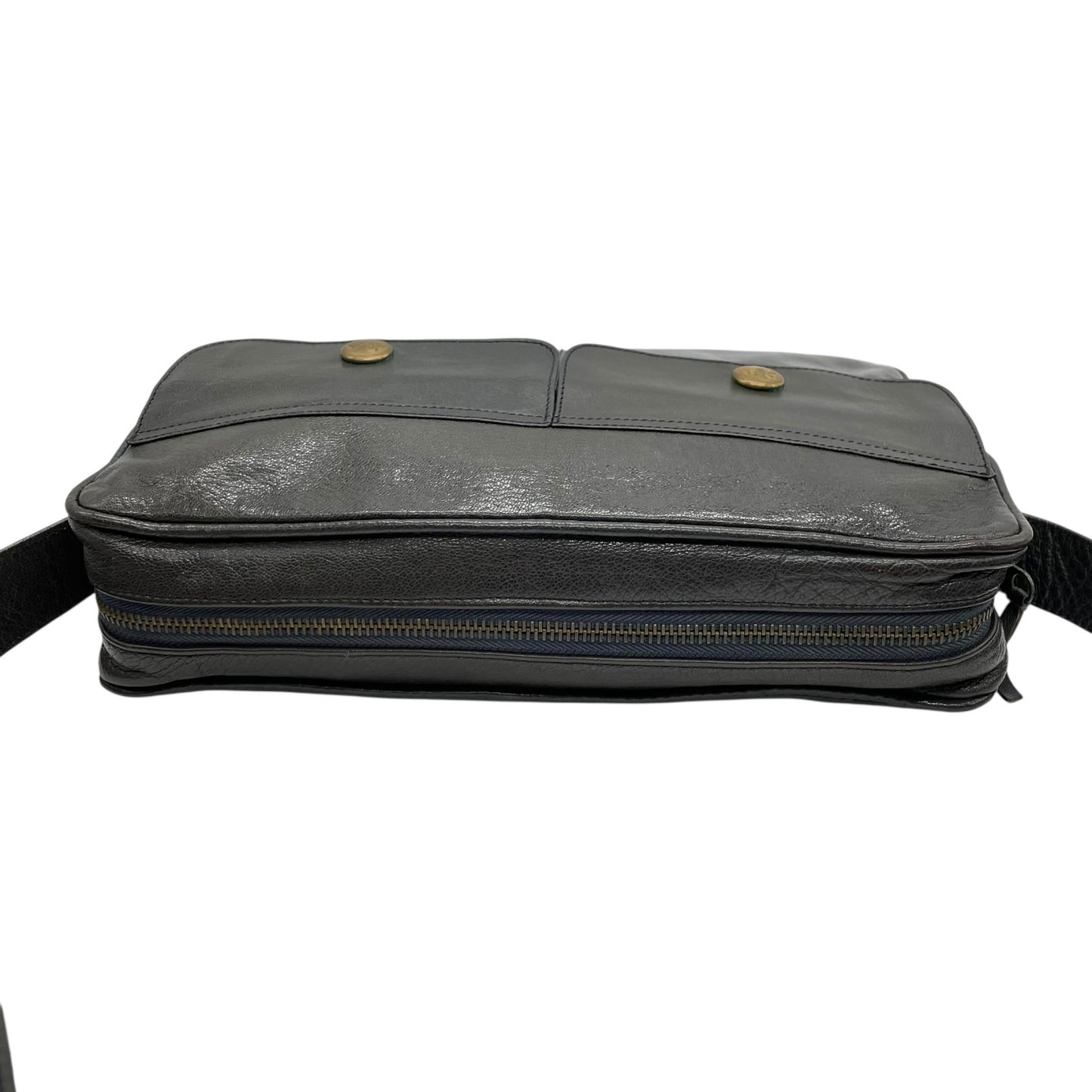 CELINE セリーヌ ダークグレー ショルダーバッグ 裏地総柄 馬車柄 ゴールド金具 ダブルポケット 肩掛け可 ポシェット レザー レディース K5