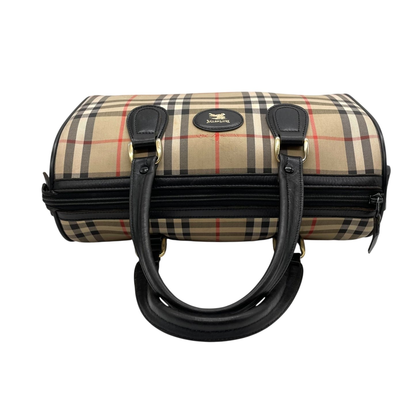 美品 Burberry バーバリー ノバチェック シャドーホース ミニボストン ハンドバッグ ベージュ ブラック キャンバス レザー ゴールド金具 ホースロゴ レディース ヴィンテージ E