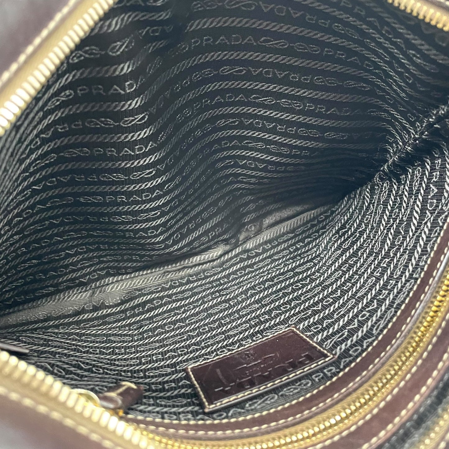 Authentic PRADA Logo Jacquard Large Logo Canvas Leather Shoulder Bag Brown Crossbody Women