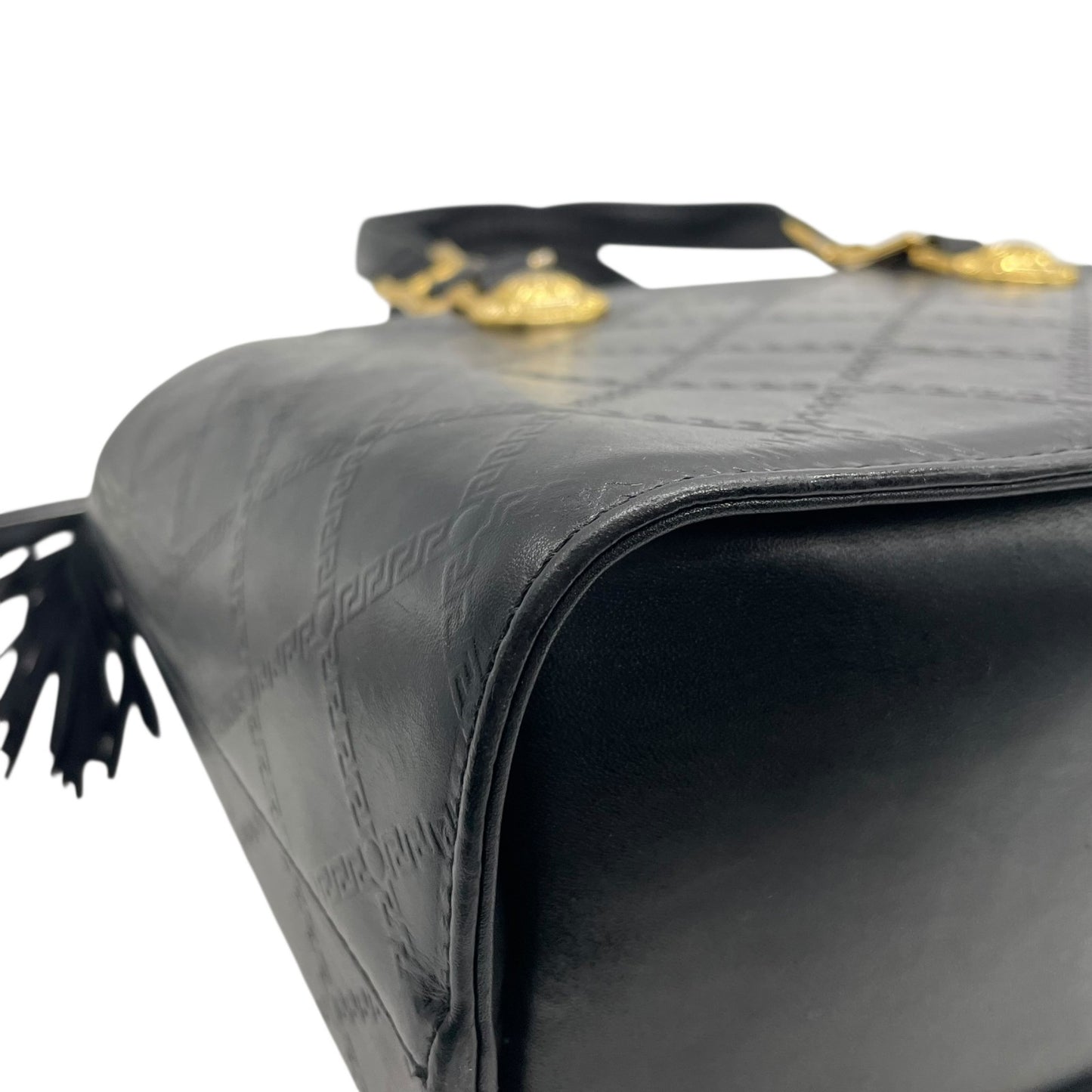 Authentic GIANNI VERSACE Vintage Mini Handbag Tote Black Leather Gold Hardware Fringe Tassel Women