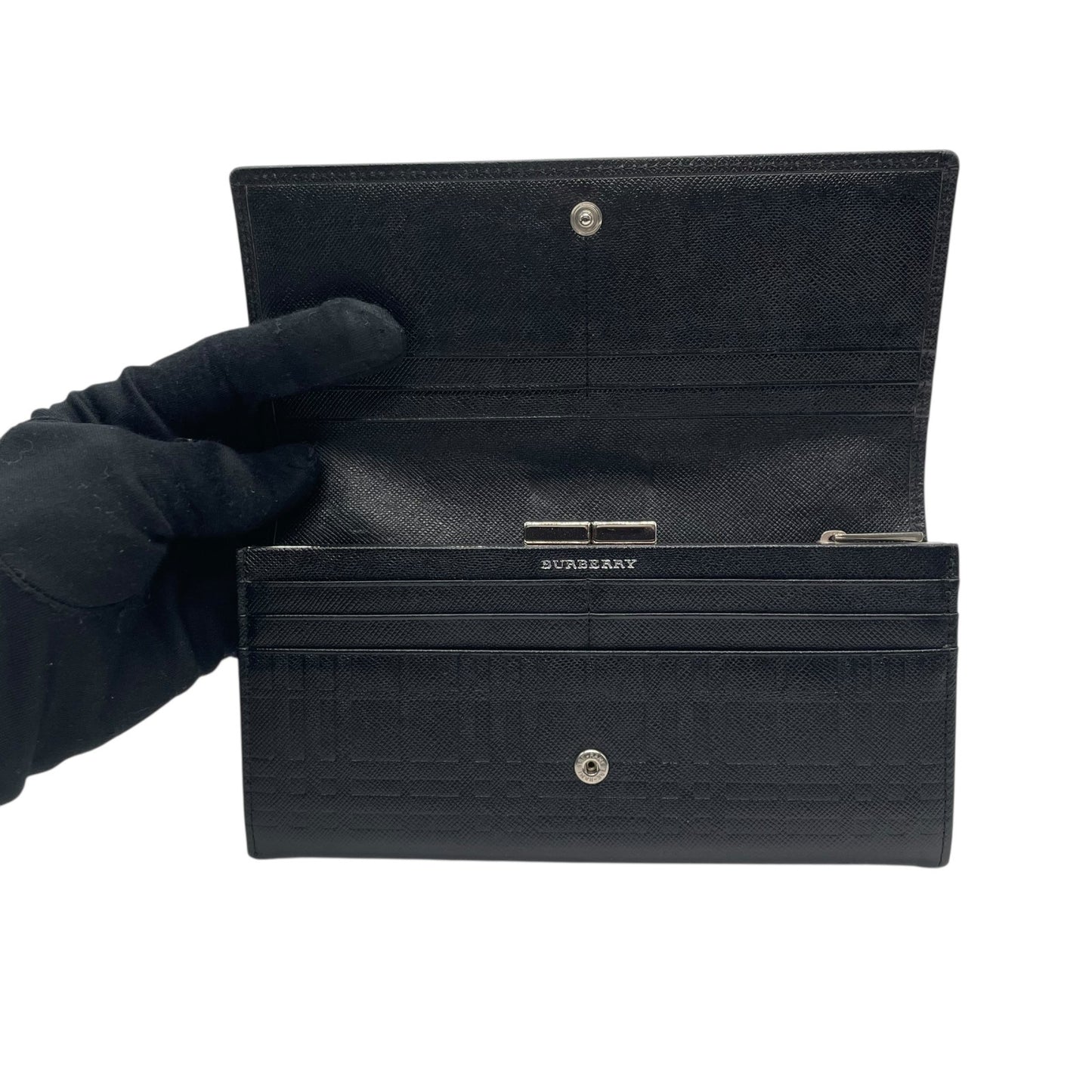 Authentic BURBERRY Long Wallet Bifold Check Embossed Logo Black Silver Hardware