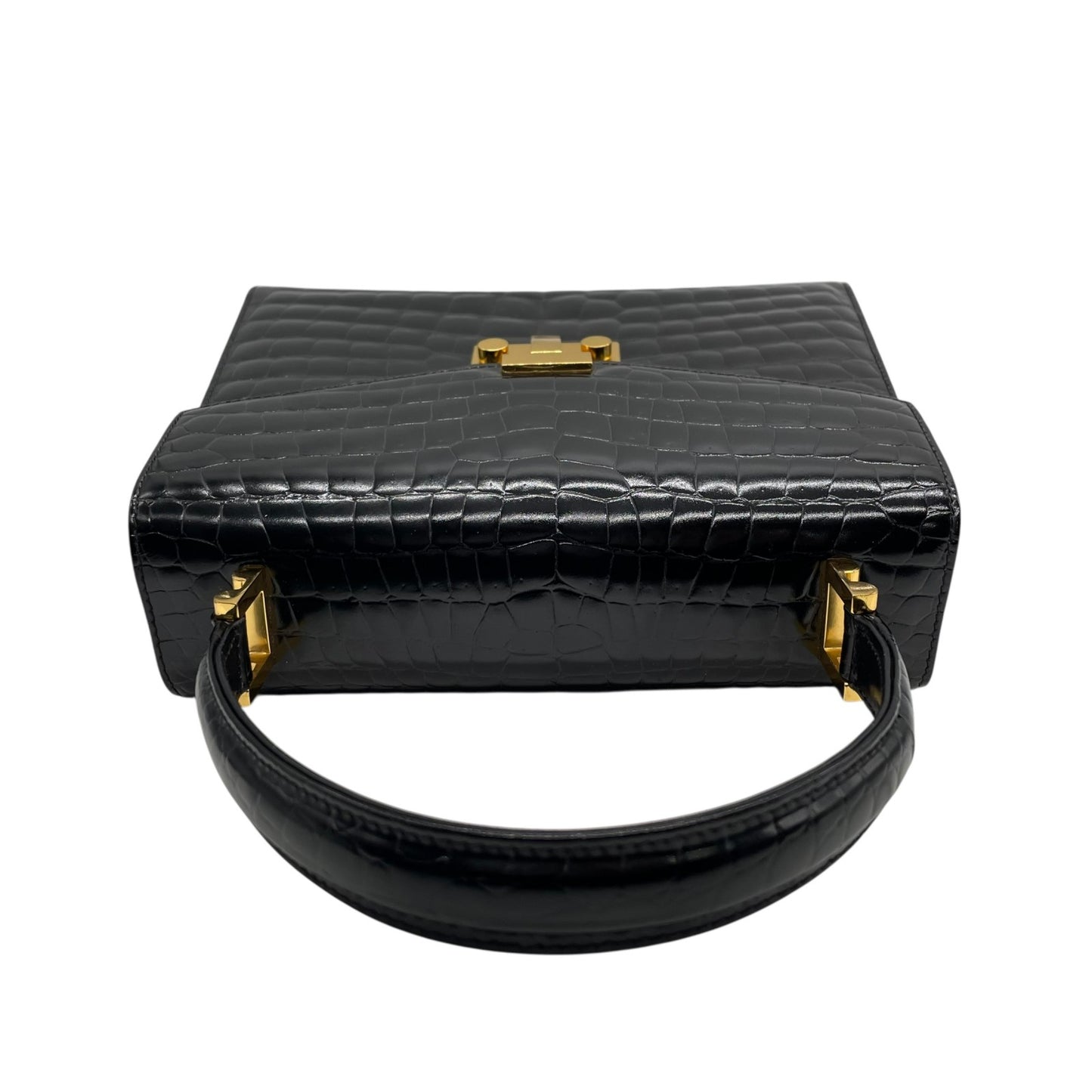 美品 TIFFANY＆Co. ティファニー ハンドバッグ 黒 ブラック レザー クロコ型押し ゴールド金具 手提げ トップハンドル フラップ開閉 レディース B