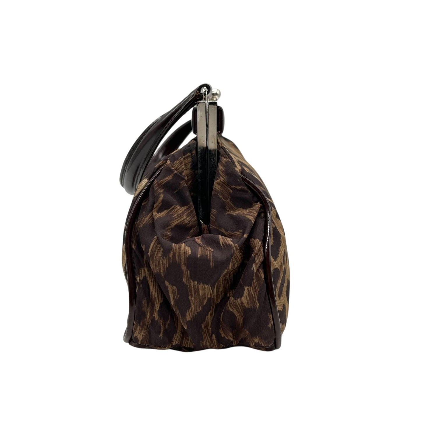 美品 DOLCE&GABBANA ドルチェ＆ガッパーナ ハンドバッグ レオパード ヒョウ柄 茶 ブラウン ナイロン パテントレザー シルバー金具 がま口 レディース C3