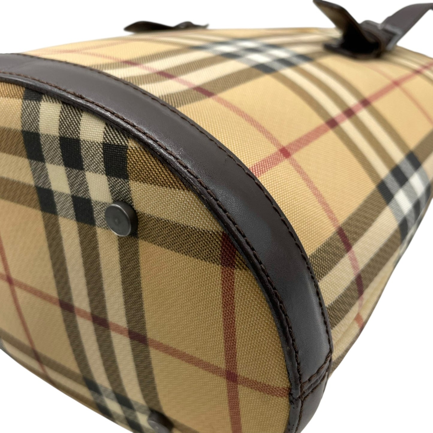 美品 BURBERRY バーバリー ノバチェック バケツ型 ショルダーバッグ トートバッグ PVC レザー ベージュ レッド ダークブラウン メンズ レディース 肩掛け C3