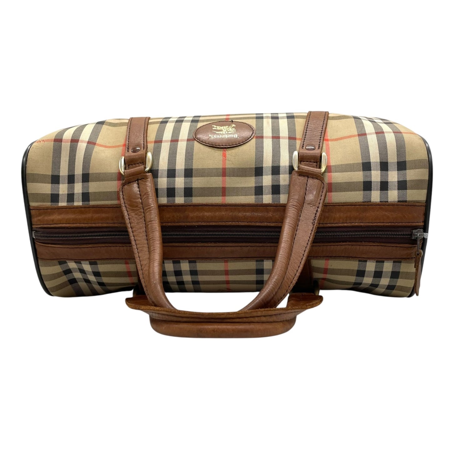 美品 BURBERRY バーバリー ボストンバッグ ノバチェック ホースロゴ シャドーホース ブラウン ベージュ キャンバス レザー ゴールド金具 メンズ レディース C