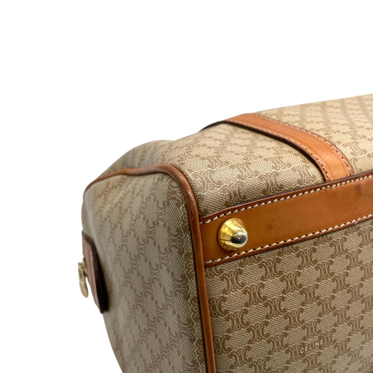 美品 セリーヌ CELINE マカダム柄 ボストンバッグ ハンドバッグ ブラウン 茶色 ベージュ トリオンフロゴ PVC×レザー ヴィンテージ 大容量 バッグ B