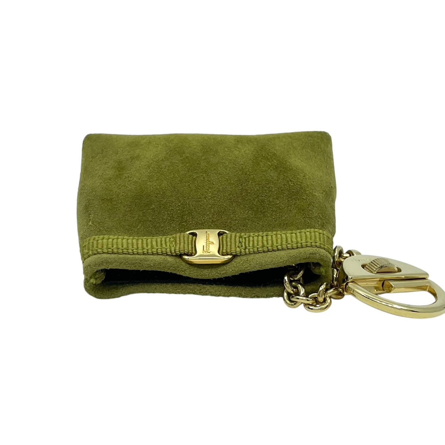 サルヴァトーレフェラガモ Ferragamo ヴァラリボン バッグチャーム キーホルダー コインケース 小物入れ スエード 緑 グリーン ゴールド金具 ボックス付 M3