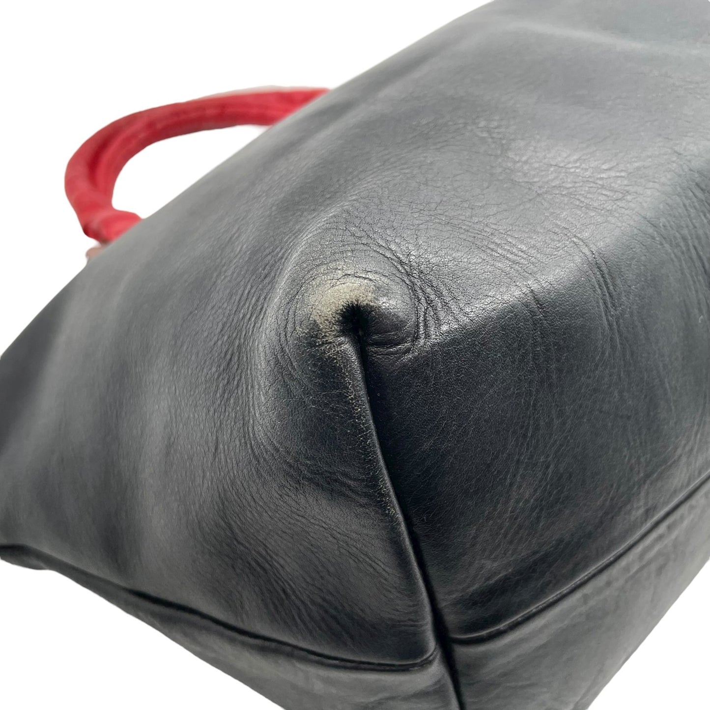 イビザ IBIZA レザーハンドバッグ バイカラー レッド×ブラック 赤 黒 木製リングデザイン レディース S68