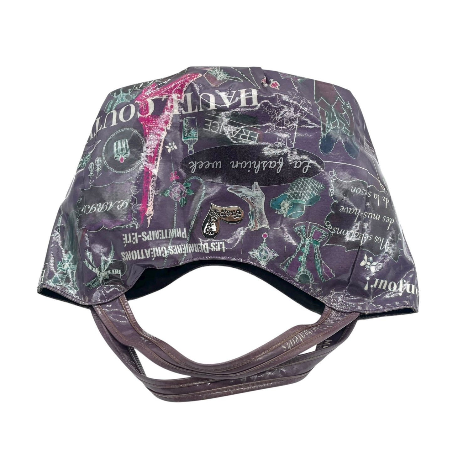 シンクビー Think Bee! ハンドバッグ トートバッグ パリ柄 エッフェル塔 ロゴ プリント 光沢 黒 ブラック レディース S90