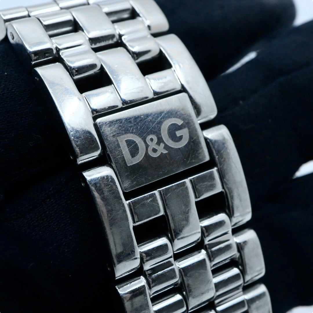 【電池交換済】D&G ドルチェ＆ガッバーナ 腕時計 ラインストーン D&Gロゴ メンズ レディース ユニセックス クオーツ アナログ シルバー ブレスレットウォッチ ドレスウォッチ ゴージャス エレガント ラグジュアリー クリーニング済み G2