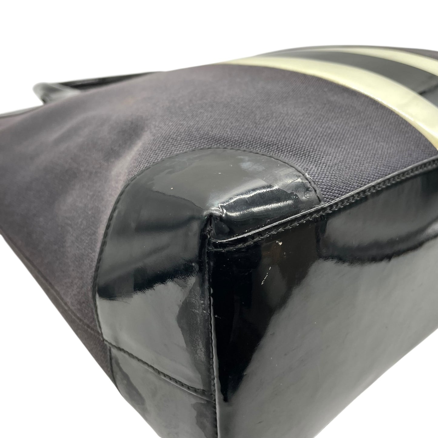 グッチ GUCCI トートバッグ ハンドバッグ ネイビー ブラック キャンバス パテントレザー 手提げ メンズ ゴールド金具 ストライプ E