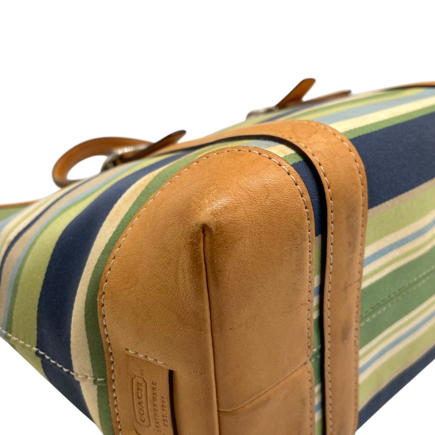 コーチ COACH ハンドバッグ ミニトート マルチストライプ ボーダー キャンバス レザー ロゴチャーム ファスナー開閉 ネイビー ブルー グリーン マルチカラー シルバー金具 手提げ レディース T1