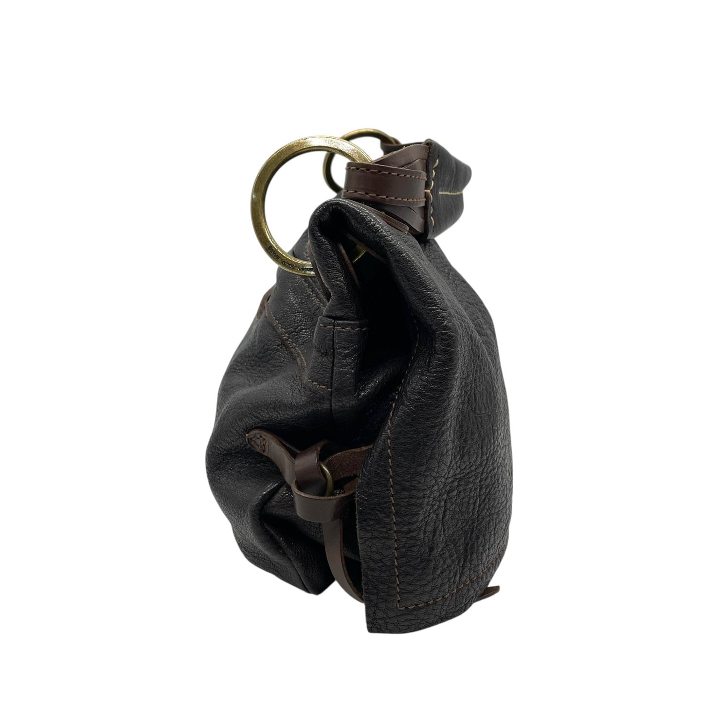 美品 genten ゲンテン ハンドバッグ 茶 ブラウン レザー ゴールド金具 ジグザグステッチ 横長 Y2K デザイン 手提げ コンパクト レディース バッグ U12