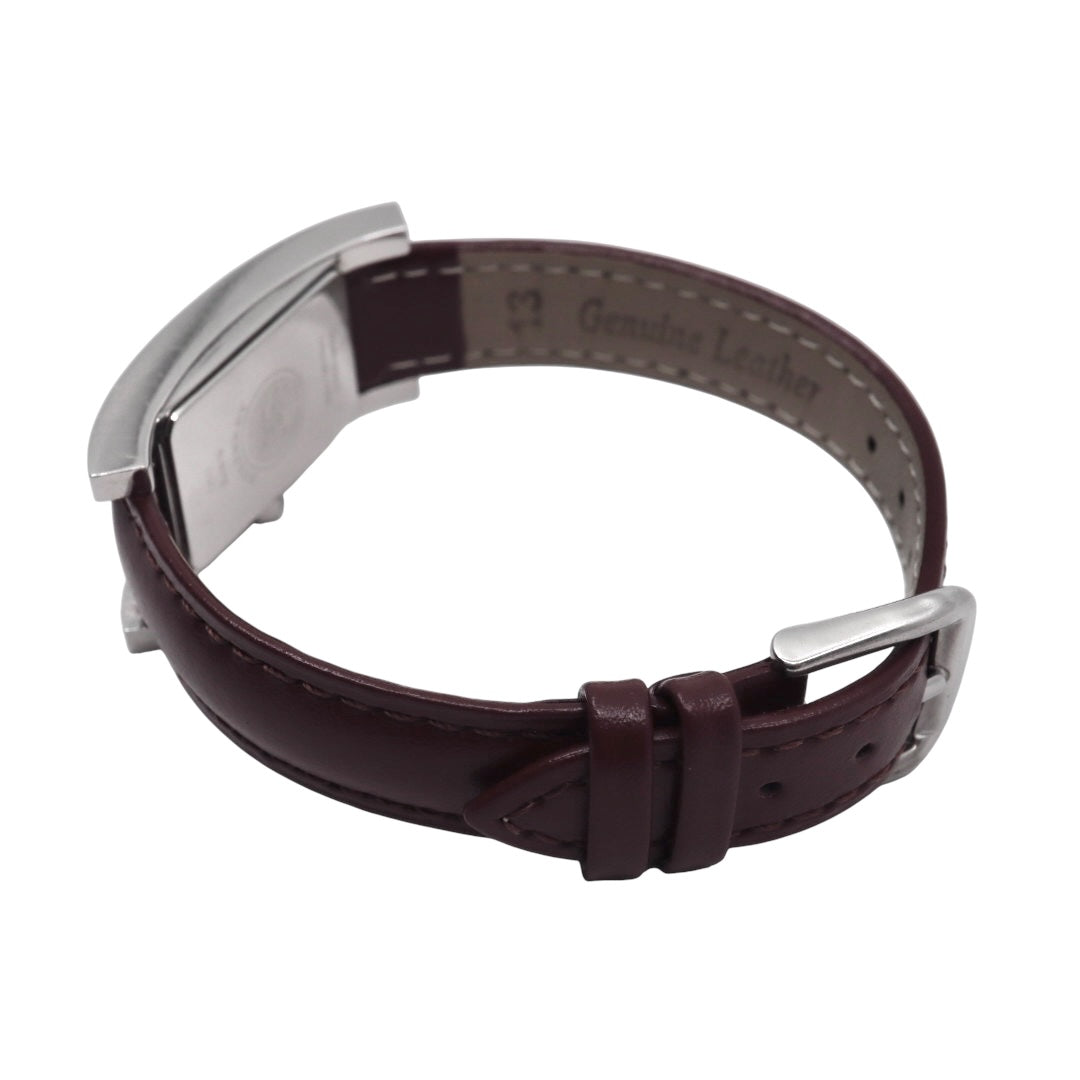 【美品／電池交換済／新品ベルト(社外品)】バーバリー BURBERRY BU1015 レディース腕時計 クオーツ アナログ レクタンギュラー スクエア シルバー ブラウン文字盤 ボルドーレザー クラシック エレガント スイス製 クリーニング済 G2