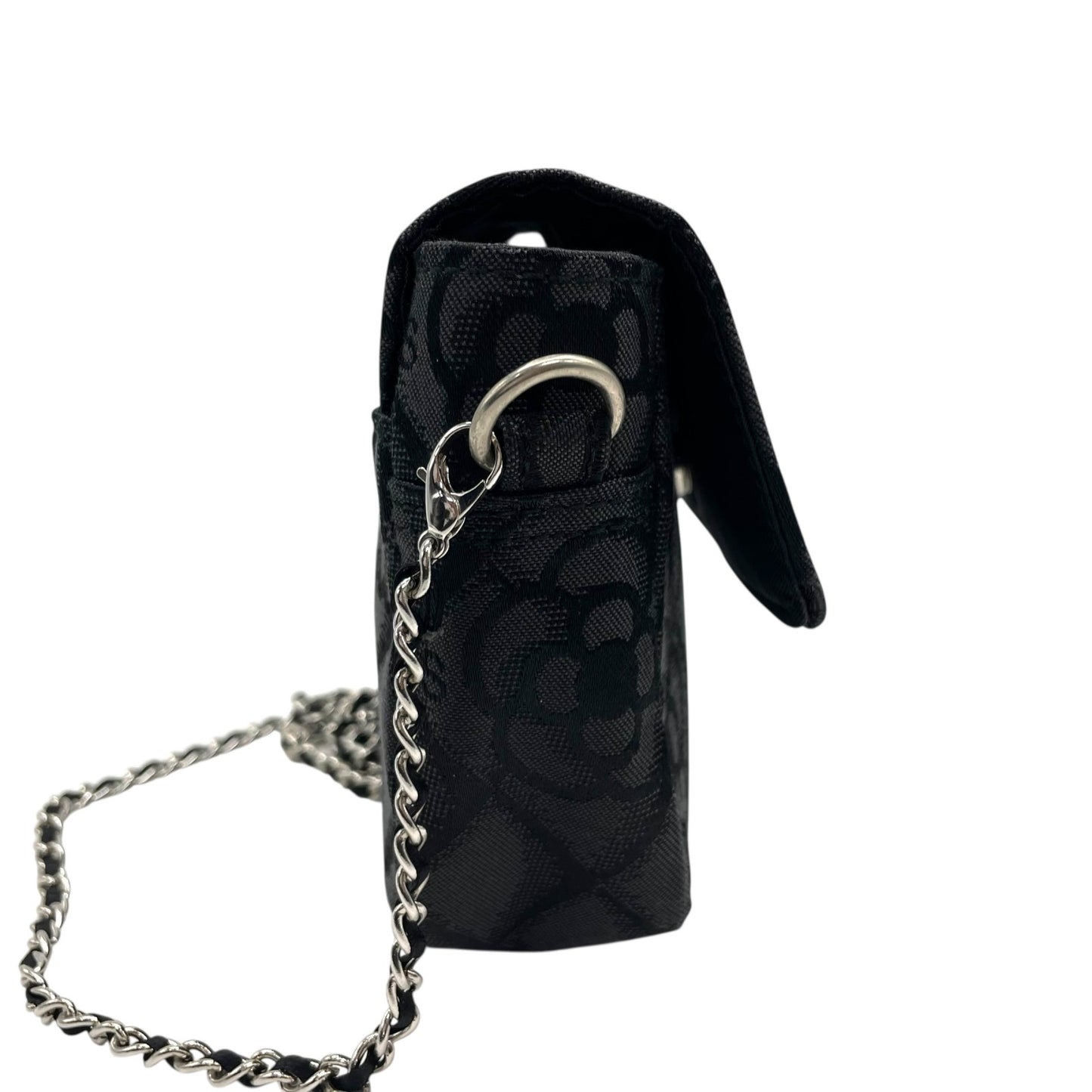 未使用級 クレイサス CLATHAS ショルダーバッグ ミニバッグ 黒 ブラック キャンバス シルバー金具 チェーンショルダー カメリア柄 ロゴ 斜め掛け可 レディース E6