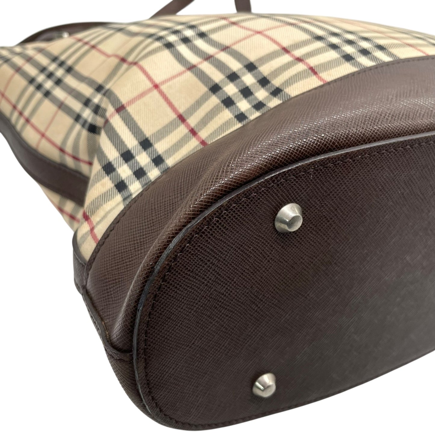 バーバリー BURBERRY トートバッグ ノバチェック キャンバス レザー ベージュ ブラウン 茶 シルバー金具 バケツ型 ロゴ型押し レディース A8