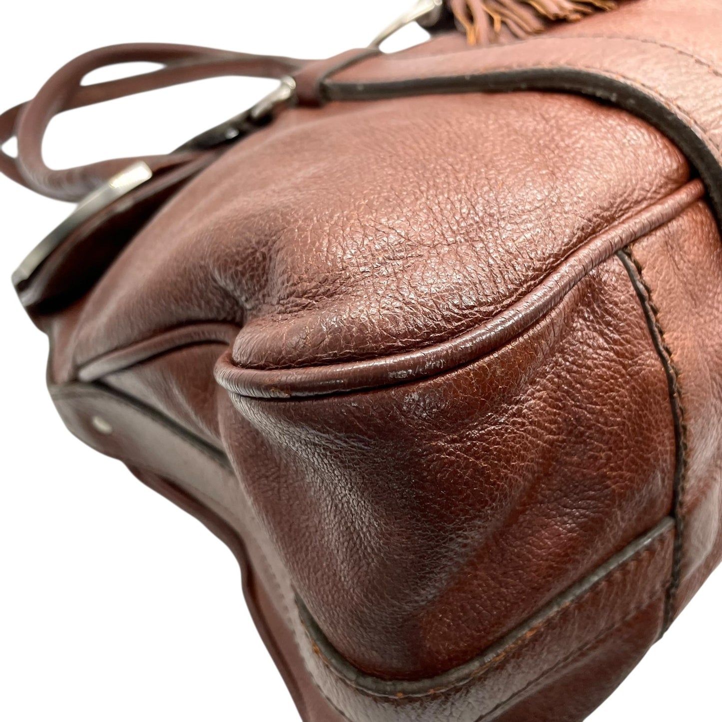 セリーヌ CELINE トートバッグ ハンドバッグ ロングハンドル フラップ 茶色 ダークブラウン レザー タッセル付き シルバー金具 K8