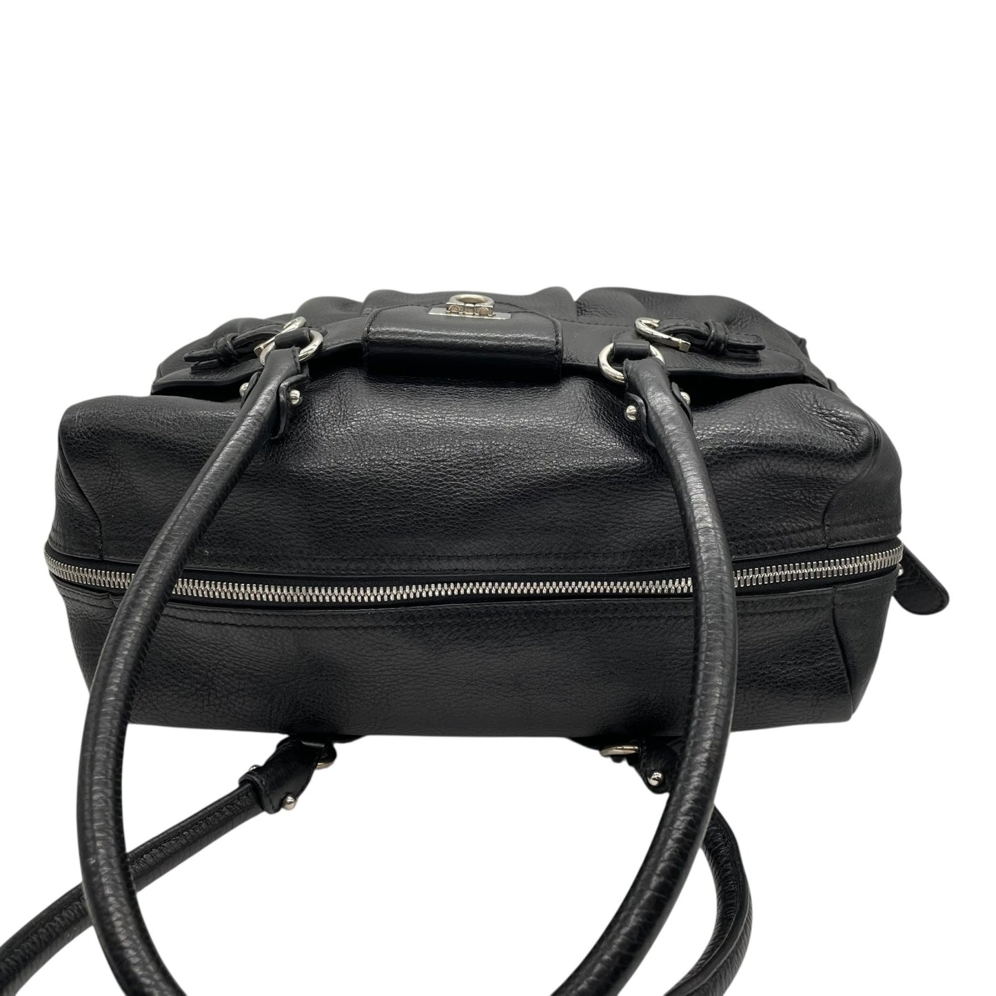 美品 サルヴァトーレ フェラガモ Salvatore Ferragamo ガンチーニ ハンドバッグ ミニボストン ワンショルダー ブラック 黒 NERO レザー シルバー金具 ロゴ 肩掛け可 レディース A