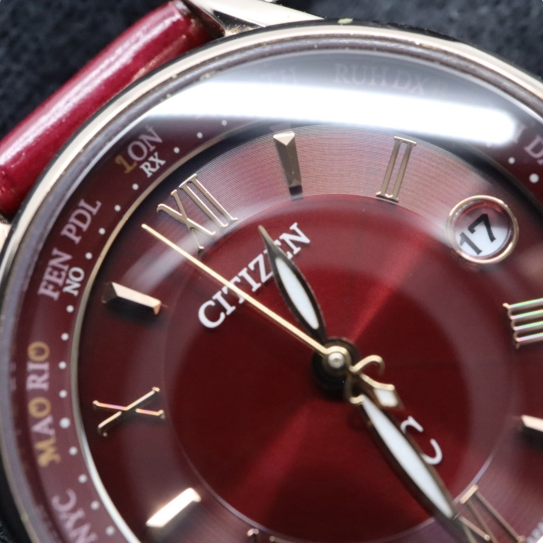 【美品】シチズン xC クロスシー 腕時計 エコドライブ電波時計 H246 チタン ローズゴールド レッド サンバースト レザーベルト レディース G4