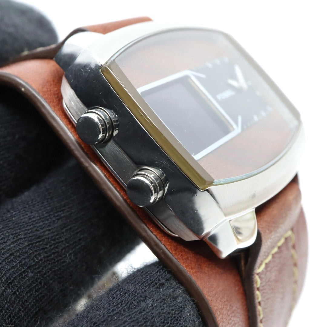 【美品/稼働品】フォッシル 腕時計 JR-9633 アナデジ ウッド調文字盤 カフレザー ワイドベルト ブラウン シルバー メンズ クオーツ ヴィンテージ レトロ 個性的 デザインウォッチ ストリート カジュアル G9