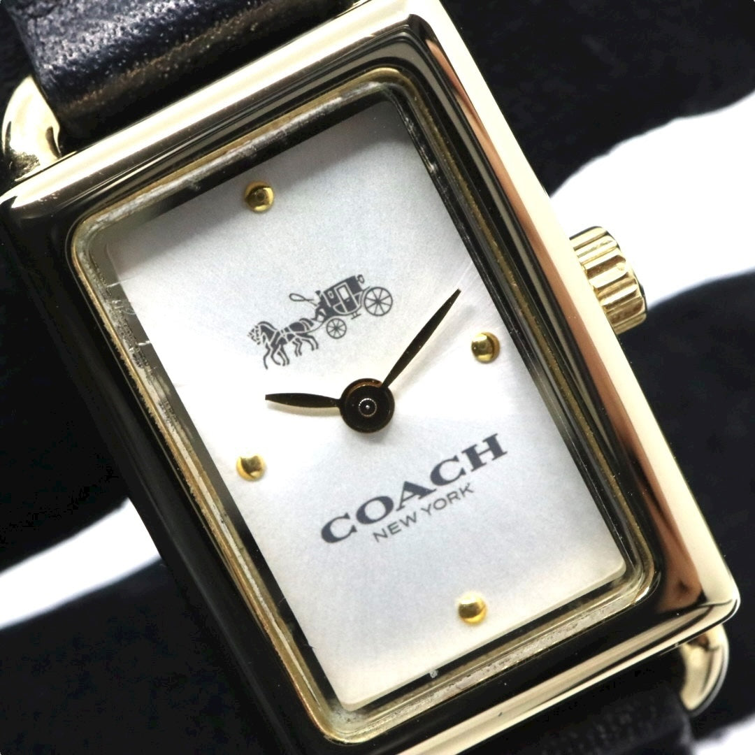 【美品】コーチ COACH 腕時計 レディース Cadie キャディ ゴールド シルバー ブラック レザー レクタンギュラー スクエア CA.144.7.34.3634 クォーツ アナログ 2針 シンプル クラシック エレガント 上品 アールデコ調 G11