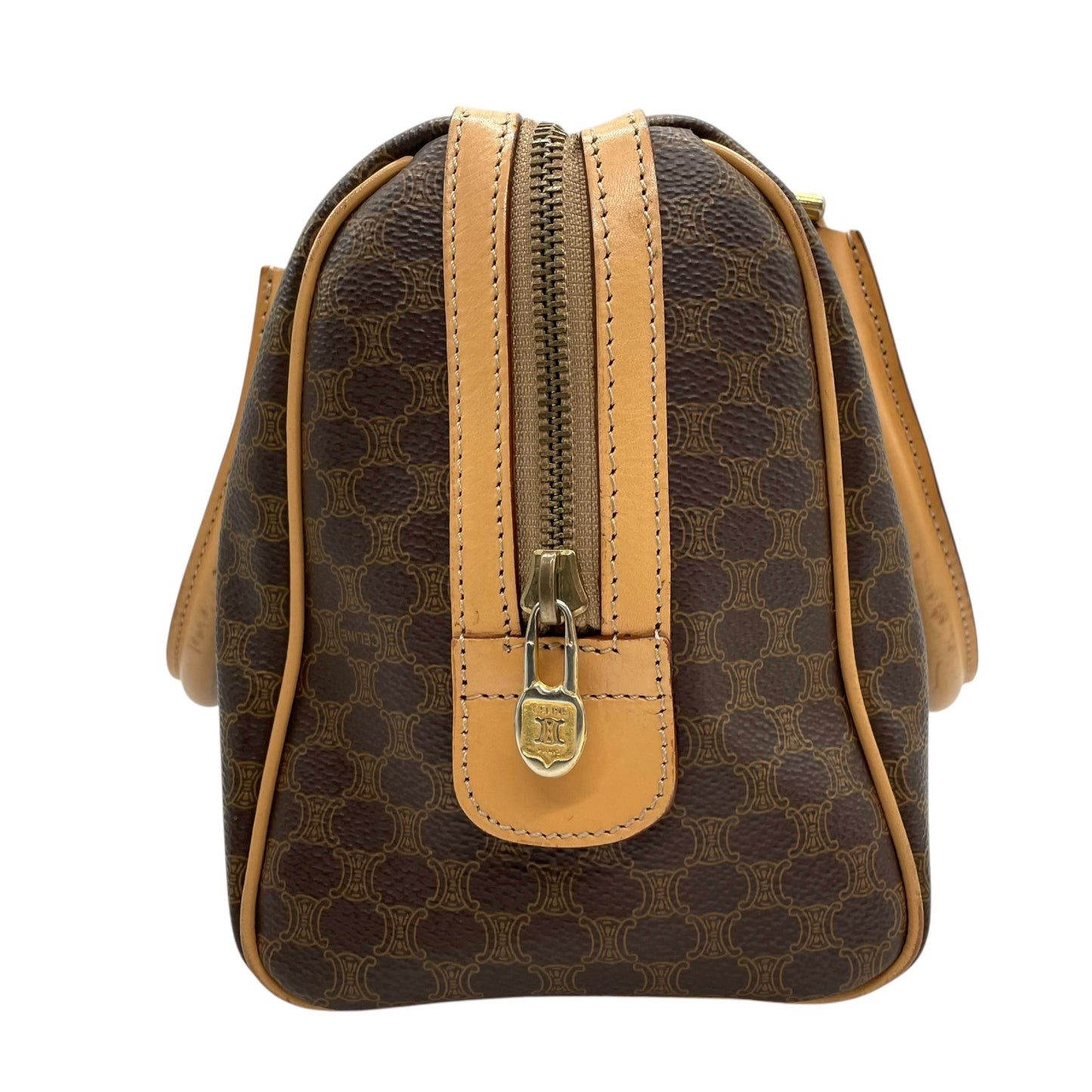 Authentic CELINE Trionf Monogram 2WAY Handbag Mini Boston Bag Shoulder Bag Leather Brown Gold Hardware Zipper Crossbody Women's