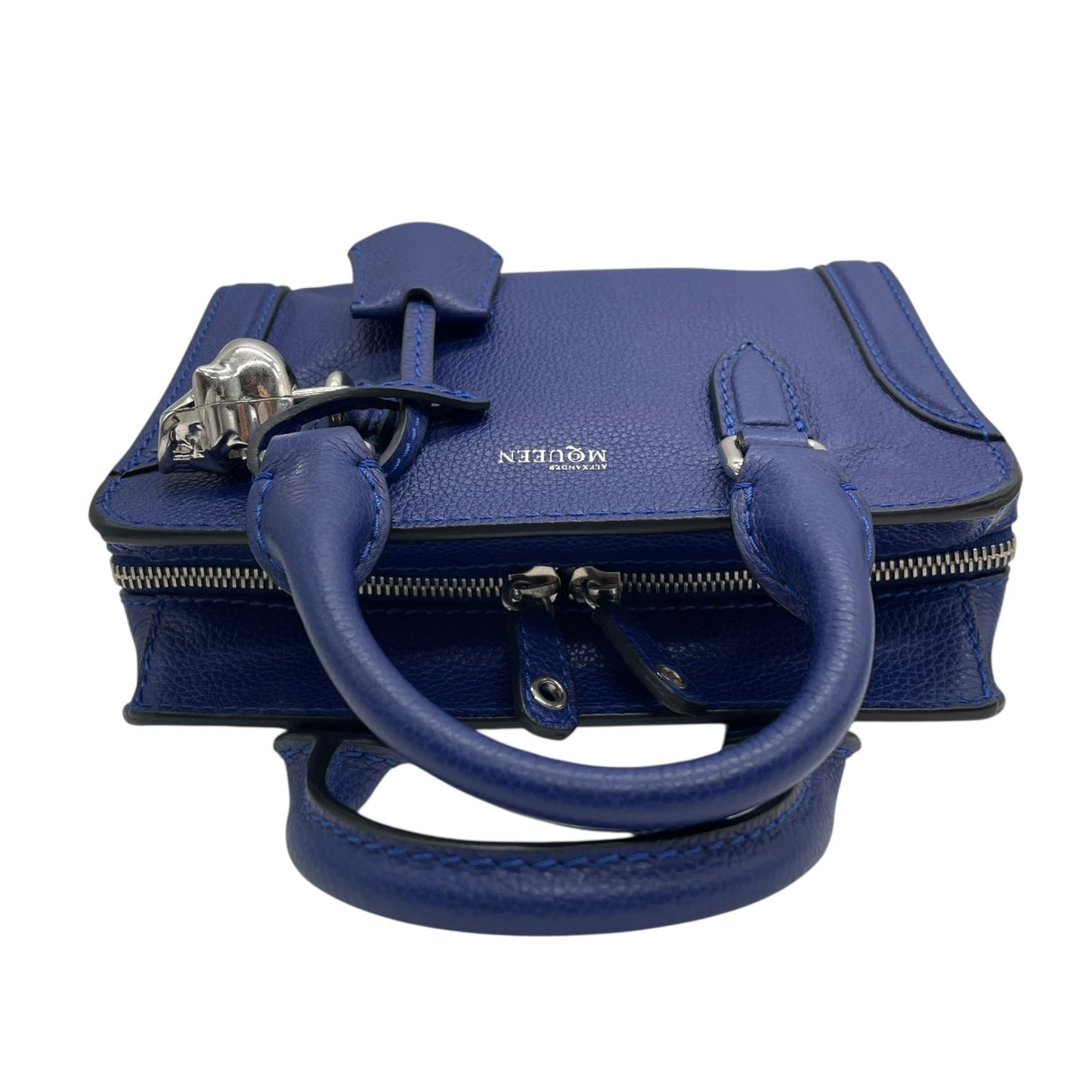 Authentic ALEXANDER McQUEEN 2WAY Handbag Shoulder Bag Skull Padlock Blue Leather Women's Crossbody