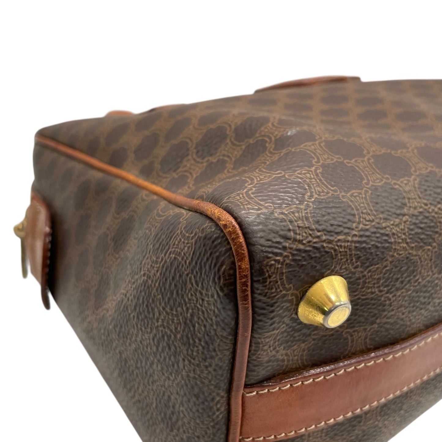 Authentic CELINE Vintage Macadam Handbag Brown PVC Leather Gold Hardware Logo Women's