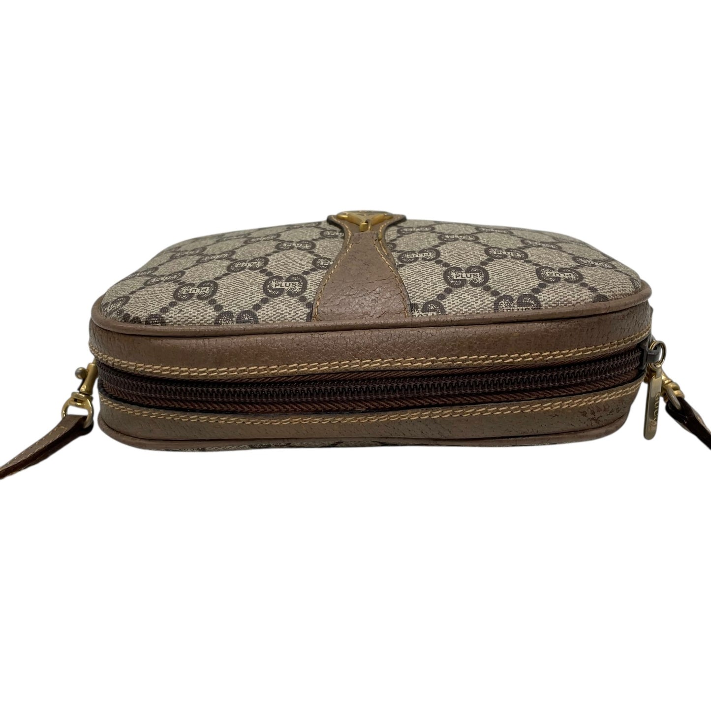 美品 GUCCI オールドグッチ GGプラス ショルダーバッグ PVC レザー グレー ブラウン ゴールド金具 ロゴ 斜め掛け可 カメラバッグ GGスプリーム ヴィンテージ レディース C3