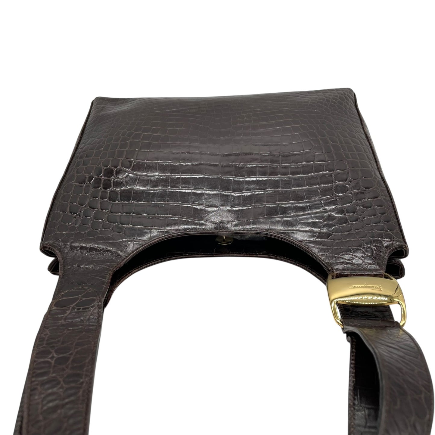 美品 Salvatore Ferragamo サルヴァトーレフェラガモ トートバッグ ハンドバッグ ヴァラ クロコ型押し 茶 ブラウン ゴールド金具 ワンショルダー 肩掛け可 ヴィンテージ レディース B