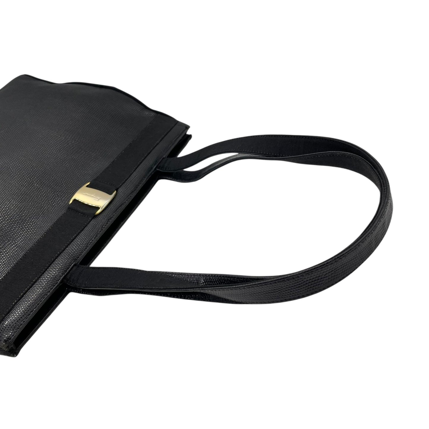 Salvatore Ferragamo フェラガモ ヴァラリボン トートバッグ ワンショルダー レザー トカゲ型押し 黒 ブラック ゴールド金具 肩掛け可 サルヴァトーレフェラガモ レディース D