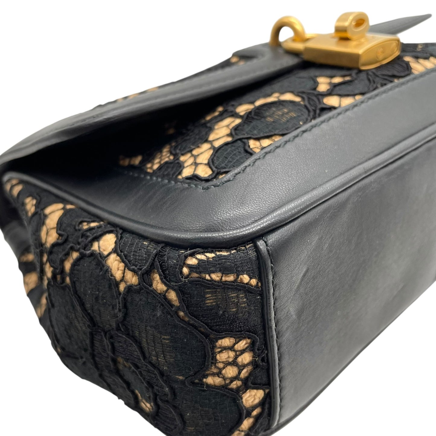 極美品 DOLCE&GABBANA ドルチェ＆ガッバーナ ドルガバ Miss Dolce 2WAY ハンドバッグ ショルダーバッグ レース レザー ベージュ ブラック 黒 レディース D&G ゴールド金具 パドロック 斜め掛け可 内側レオパード C