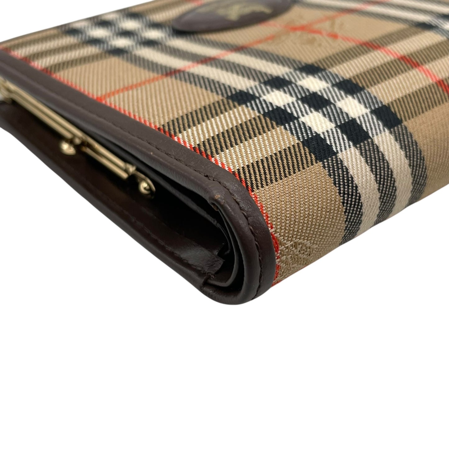 未使用級 Burberry バーバリー ノバチェック シャドーホース 二つ折り財布 がま口 ブラウン ベージュ キャンバス レザー ゴールド金具 ホースロゴ レディース ヴィンテージ M5