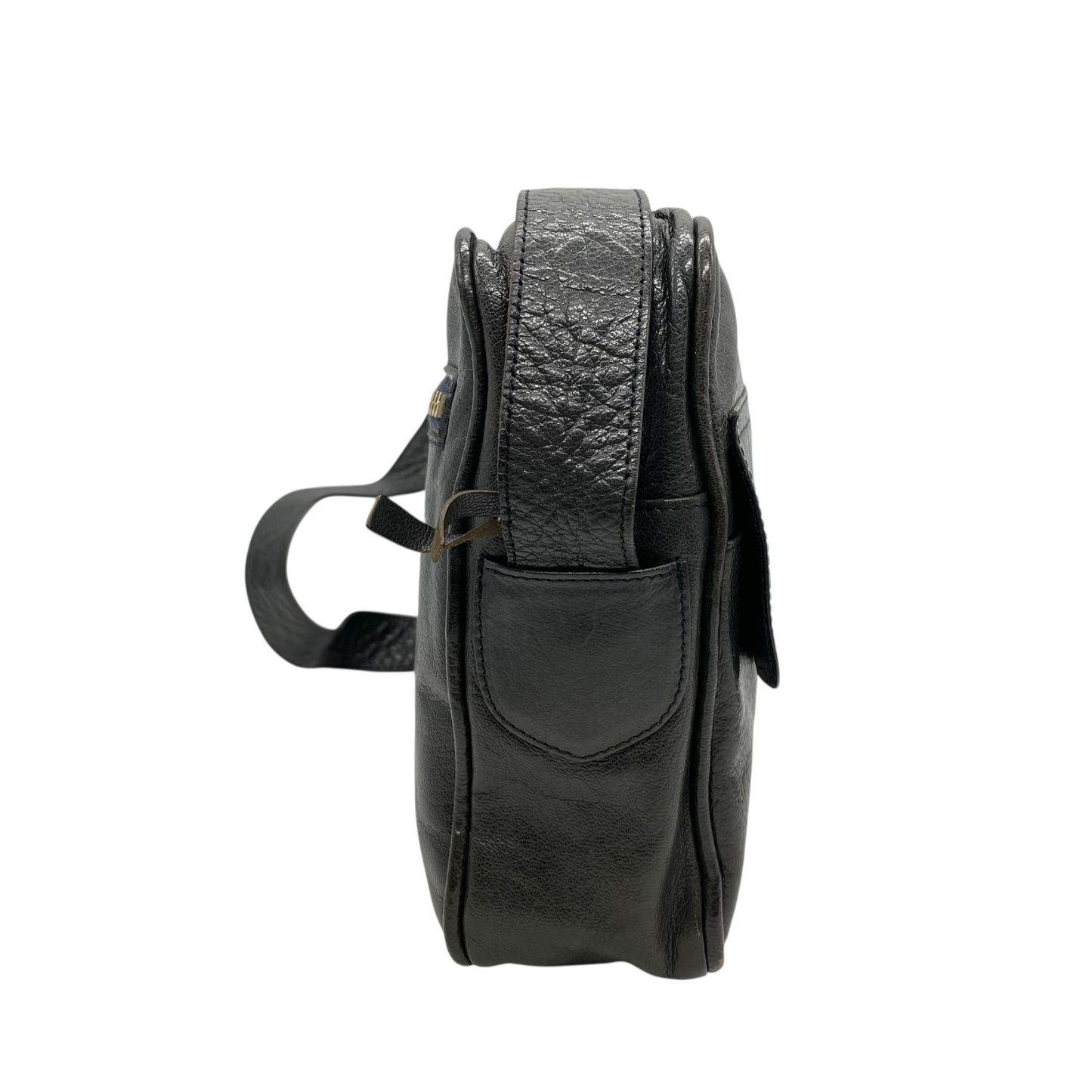 CELINE セリーヌ ダークグレー ショルダーバッグ 裏地総柄 馬車柄 ゴールド金具 ダブルポケット 肩掛け可 ポシェット レザー レディース K5