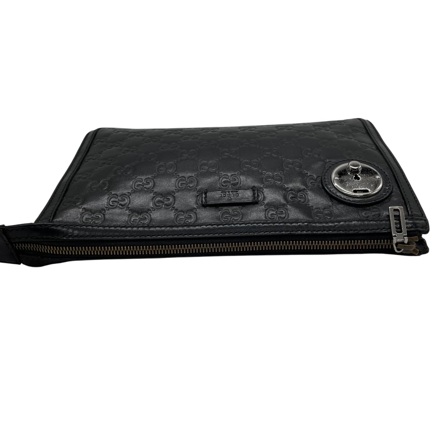 Authentic GUCCI Guccissima GG Clutch Bag Black Leather Silver Hardware With Strap