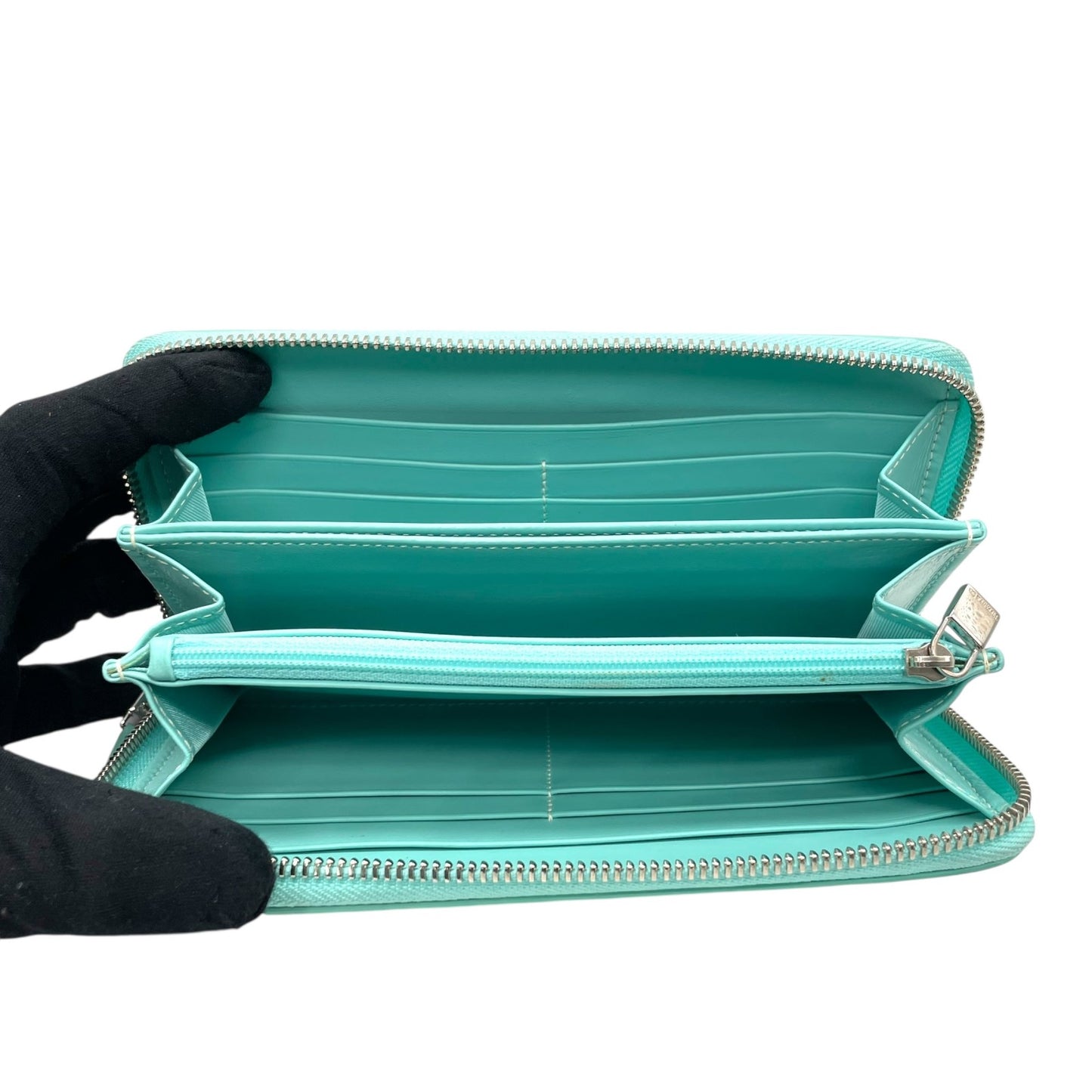 Authentic Tiffany & Co. Long Wallet Round Zipper Leather Silver Hardware with Box