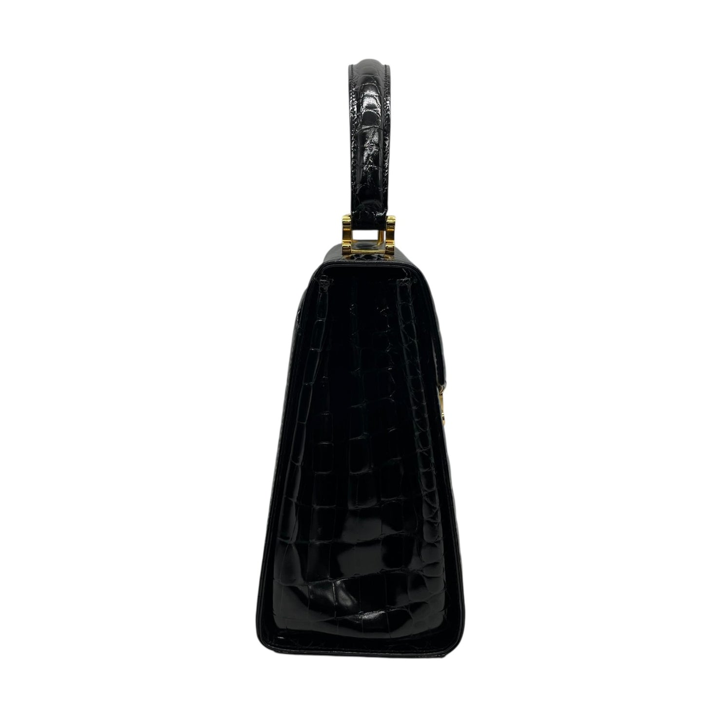 美品 TIFFANY＆Co. ティファニー ハンドバッグ 黒 ブラック レザー クロコ型押し ゴールド金具 手提げ トップハンドル フラップ開閉 レディース B