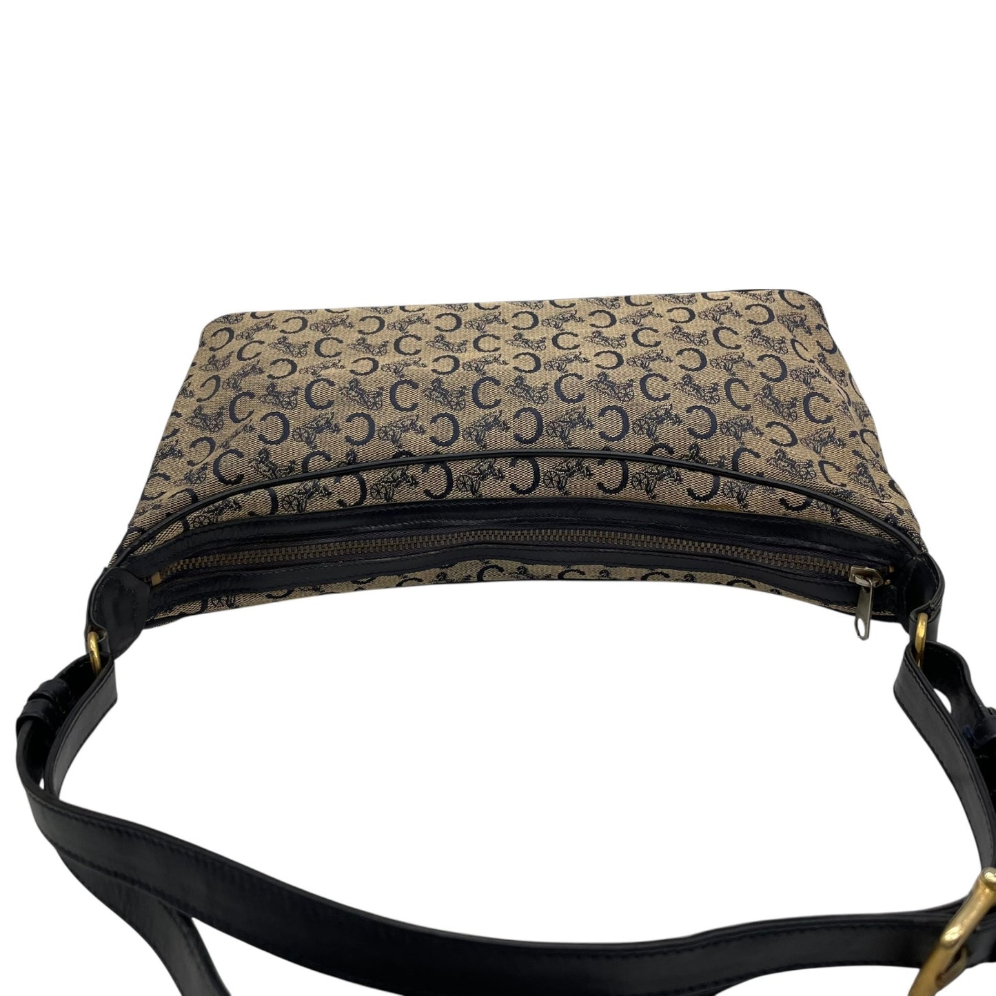 Authentic CELINE CMacadam Triomphe Canvas Leather Shoulder Bag Beige Black