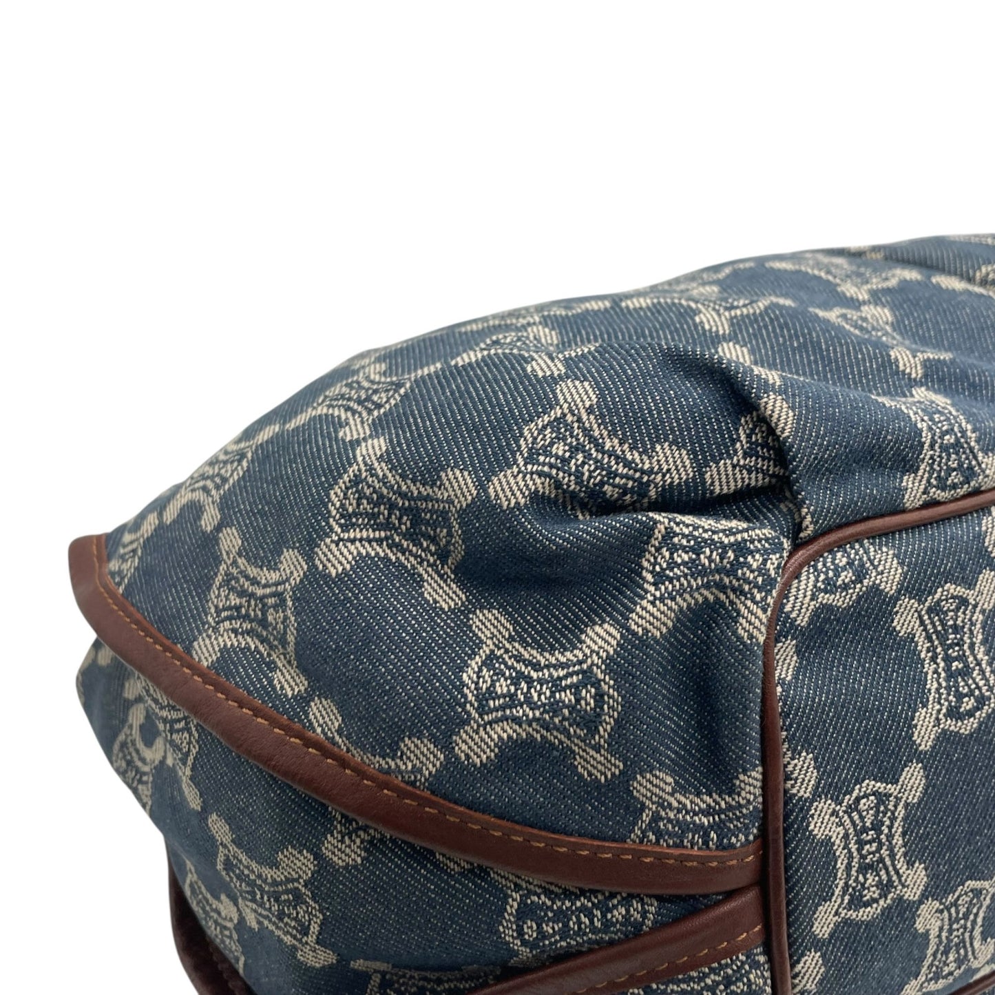 Authentic CELINE Pari Macadam Triomphe Denim Leather Handbag Brown Hardware