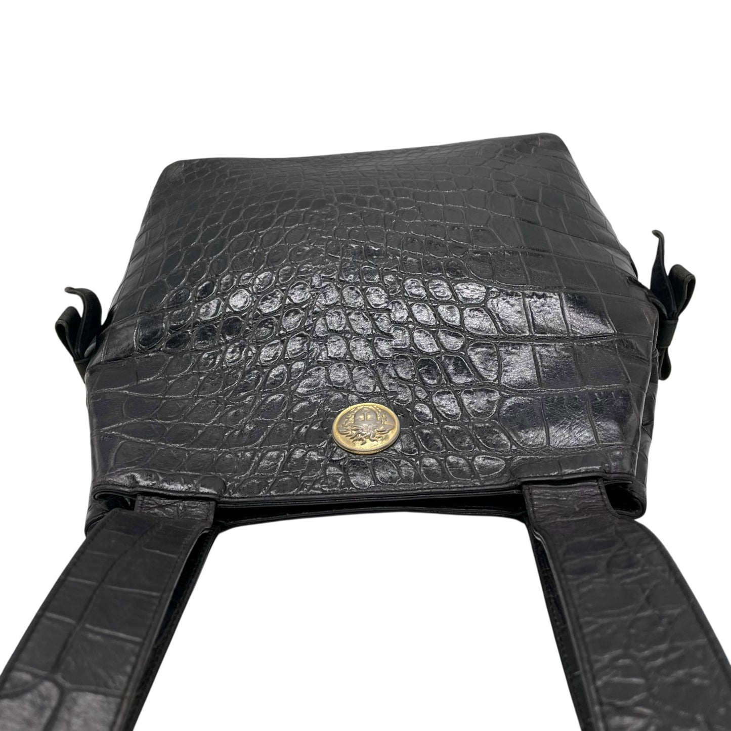 Authentic VERSACE Medusa Embossed Leather Tote Handbag Black Gold