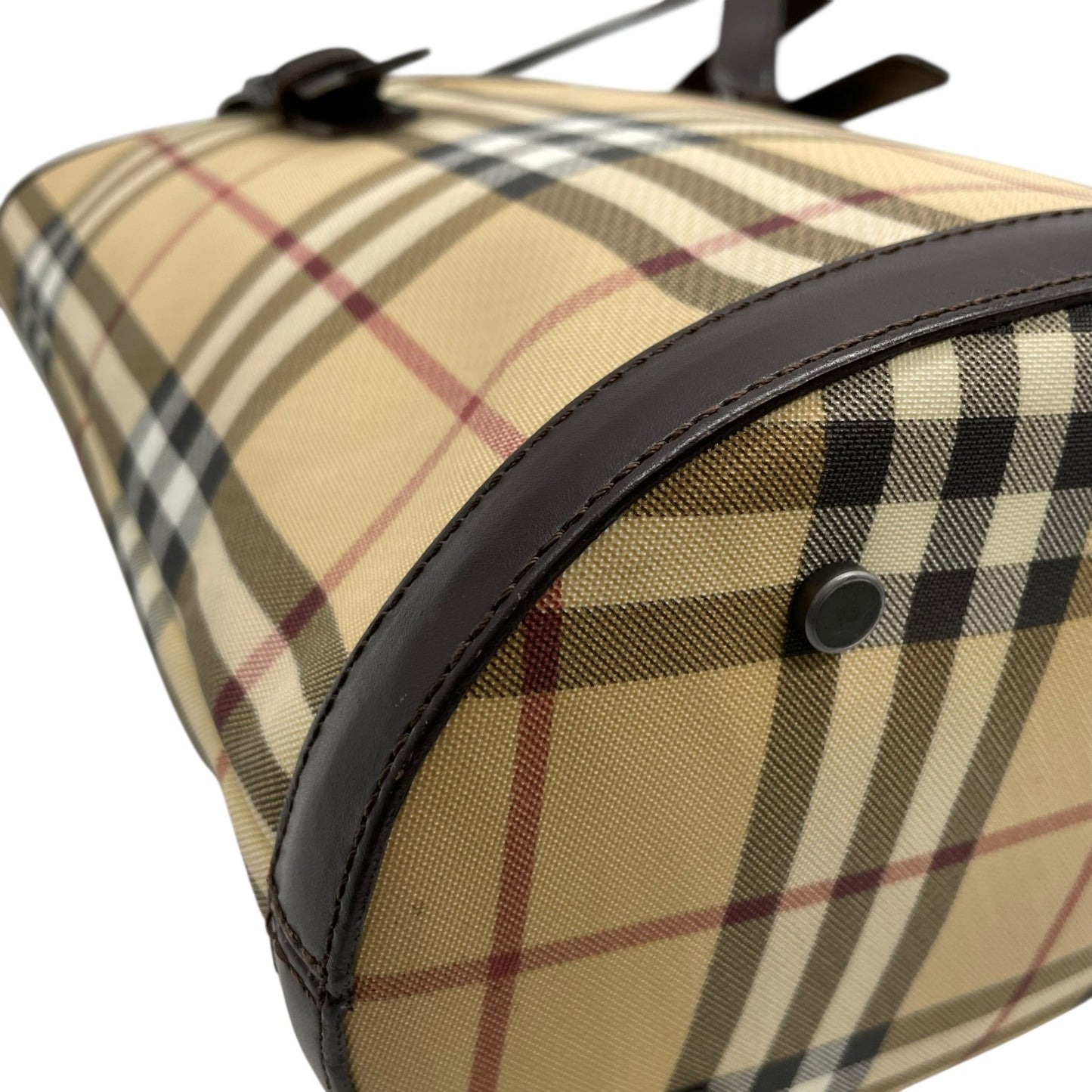 美品 BURBERRY バーバリー ノバチェック バケツ型 ショルダーバッグ トートバッグ PVC レザー ベージュ レッド ダークブラウン メンズ レディース 肩掛け C3